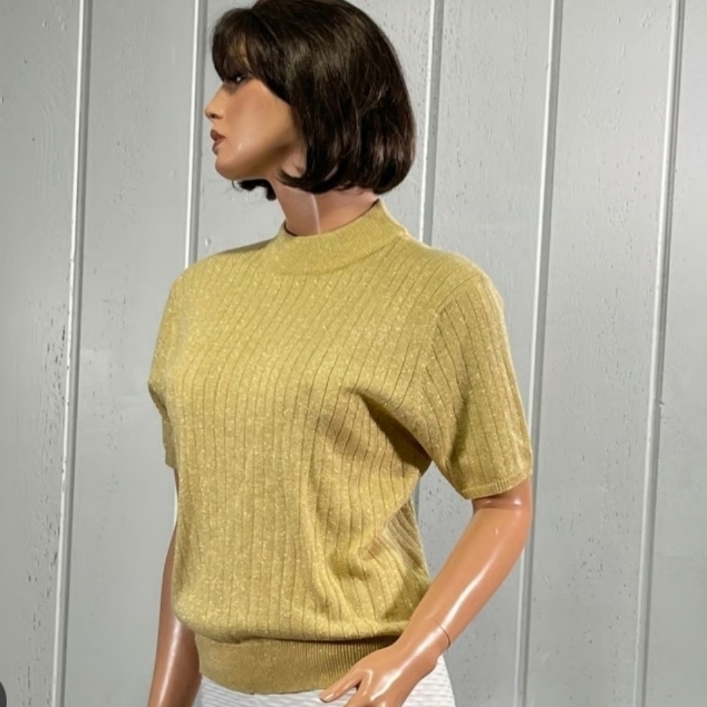 Sag Harbor Women's Gold Shimmer Mockneck Short Sleeve Sweater Size XL NWT - Picture 2 of 9